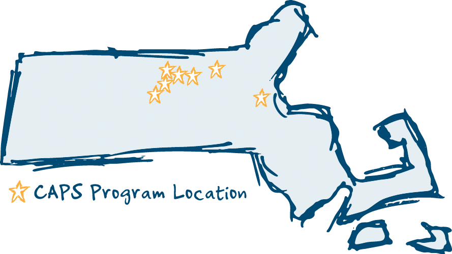 A simplified map of Massachusetts with stars indicating where CAPS programs are (Barre, Hubbardston, Gardner, Westminster, Leominster, Ayer and Newton.)